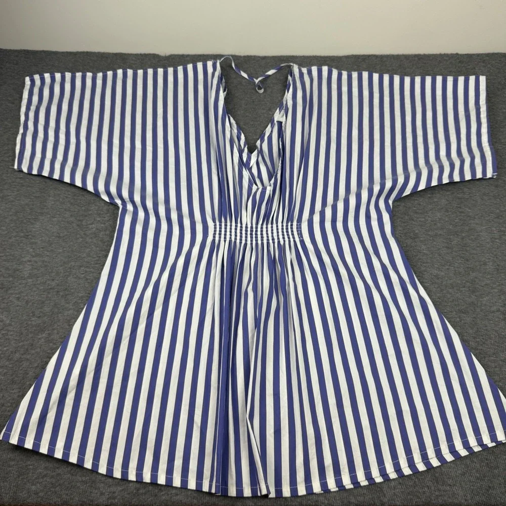 Onia Swim Cover Up Womens L Blue White‎ Striped Smocked Waist V-Neck Mini Dress